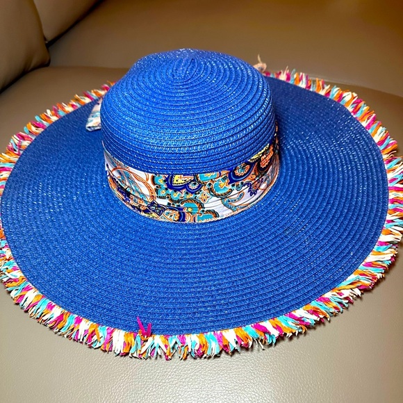 Gorgeous Blue Sun Hat with Colorful Edging and Scarf By Lucky 7 - EUC - - Picture 2 of 5